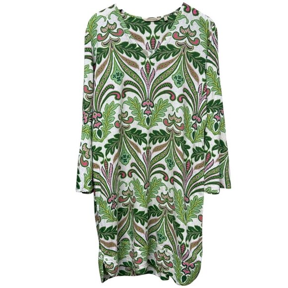 Soft Surroundings Linen Blend Dress Large Pink Green Floral Print Preppy Casual - Picture 1 of 16